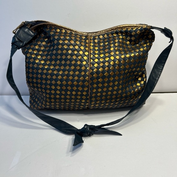 Vintage Sharif Genuine Leather Gold And Navy Woven Hobo Purse Handbag 1980s - Picture 1 of 5